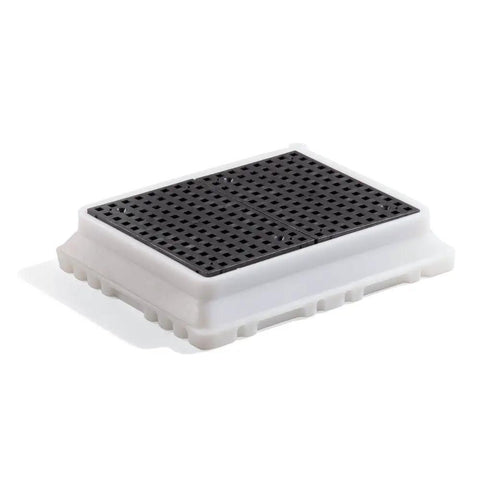 Spill Containment Tray With Built In Sump, 3 Gallon Capacity, Chemical Resistant Polyethylene, Translucent Sidewalls For Quick Fluid Level Check, Compact Lab Tray With Pour Spout, White And Black PAK372
