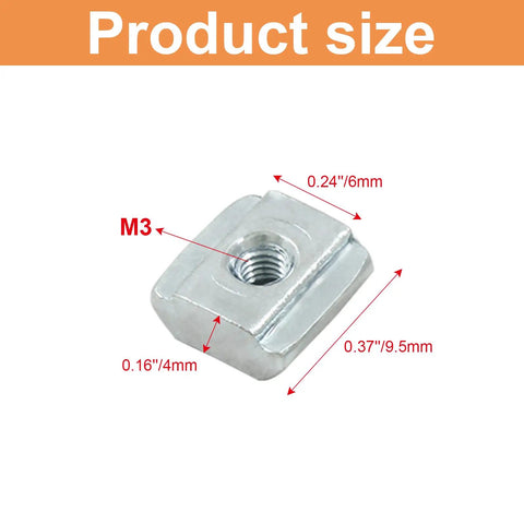 Top Shelf Heavy Duty M3 T Slot Nuts 50 Pack 2020 Profile Sliding T Nuts For Aluminum Extrusion Rails Carbon Steel Nickel Plated Rust Resistant Hardware For 3D Printers, M3 size, dimensions labeled.