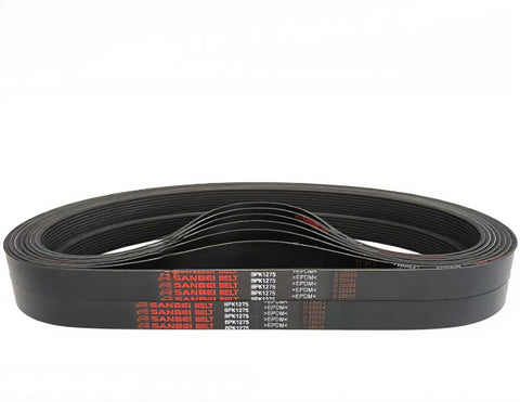 Heavy Duty EPDM Multi Ribbed Drive Belt For Industrial Machinery And Generators, Slip Resistant Power Transmission Replacement, Tough As Nails 10Pk Series, black multi ribbed belts stacked together.