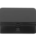 Small Iron Toolbox Featuring A Snug Metal Clasp For Portable Hand Carry Home Projects And Road Trip Trunk Organization, black finish, flat top view.