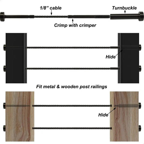 Hidden Black Cable Railing Hardware Kit With Beefy Turnbuckle Tensioners And Fixed Terminals For One Eighth Inch Stainless Steel Cables, Works On Metal Or Wood Posts, Rust Resistant And Durable, 10 Pairs showing installation options