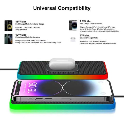 Hella Smooth 15W Wireless Charger Pad For Chevy Volt Bolt EV EUV Blazer Console with AirPods on top.