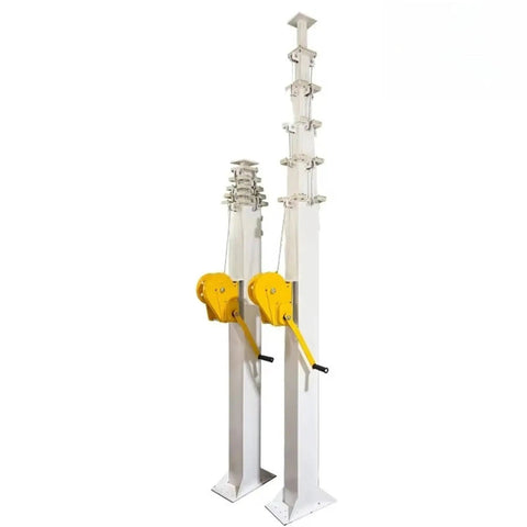 Four To Seven Meter Heavy Duty Telescopic Lighting Mast That Crushes Heights For Video Shoots And Beacon Jobs Featuring Dead Simple Hydraulic Raises and a durable design for construction.