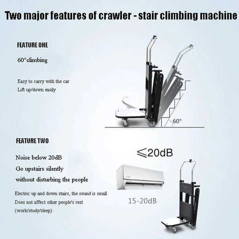Electric Stair Climber Cart With Four Tracks And Wheels For Heavy Loads features 60° climbing and quiet operation below 20dB.