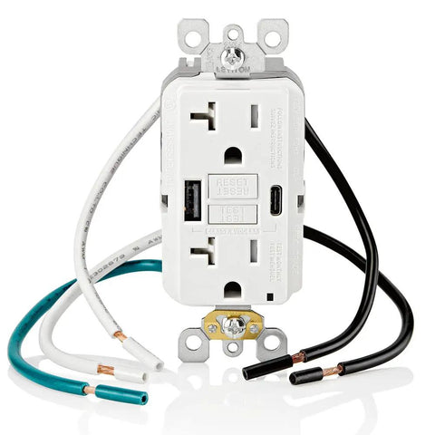 Self Test GFCI In Wall USB Charger With Type A And Type C USB Ports Delivers 4.8A Total Charging Power Continuous Ground Fault Protection Smart Chip Technology Delivers Over 2x Charging Power For Smartphones And Tablets GUAC2 W