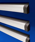 Close-up of aluminum pulls on a 36 Inch 8 Drawer Blue Top Chest With Full Extension Ball Bearing Slides Gas Struts EVA Drawer Liners And Top Mat.