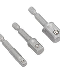 Versatile 3-Piece Power Drill Adapter Socket Set Featuring 1/4, 3/8 And 1/2 Inch Hex Shank To Drive Converters For Impact Drivers Electric Drills And Screwdrivers Tough Stainless Steel Build For Serious DIY And Pro Work This Essential Tool Accessory Kit, three steel adapters