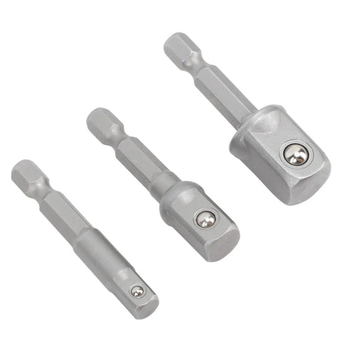 Versatile 3-Piece Power Drill Adapter Socket Set Featuring 1/4, 3/8 And 1/2 Inch Hex Shank To Drive Converters For Impact Drivers Electric Drills And Screwdrivers Tough Stainless Steel Build For Serious DIY And Pro Work This Essential Tool Accessory Kit, three steel adapters