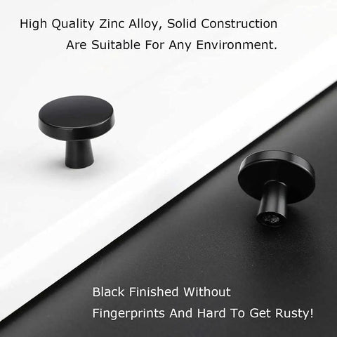 30 Pack Go To Matte Black Cabinet Knobs For Cabinets And Dresser Drawers shown on contrasting white and black surfaces