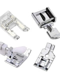 Fbshicung 13-piece presser feet set for home sewing machines; chrome metal and clear plastic feet shown