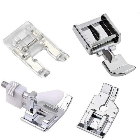Fbshicung 13-piece presser feet set for home sewing machines; chrome metal and clear plastic feet shown