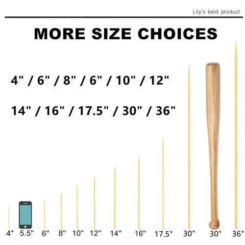 The Real Deal Natural Bamboo Skewers For Backyard Barbecue And Roasting Marshmallows 4mm Thick Solid Round Shape Zero Hassle Kitchen Basics For Cocktails Kabobs And Crafting 100 Pack size chart with various lengths