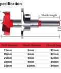 Top Shelf Heavy Duty 5 Piece Cemented Carbide Forstner Drill Bit Set With Adjustable Depth Stopper specifications chart, sizes and dimensions.