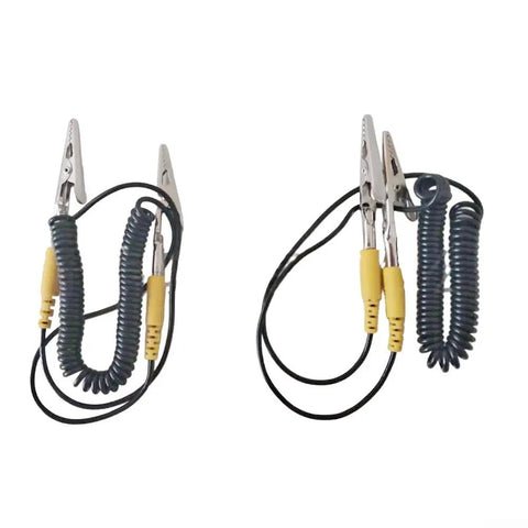 Heavy Duty ESD Grounding Cable With Locking Alligator Clips Retracting Anti Static Test Lead For Electronics Workbench Safe Discharge And Zero Hassle Operation 2Mm Silicone Wire, showing coiled wires and alligator clips.