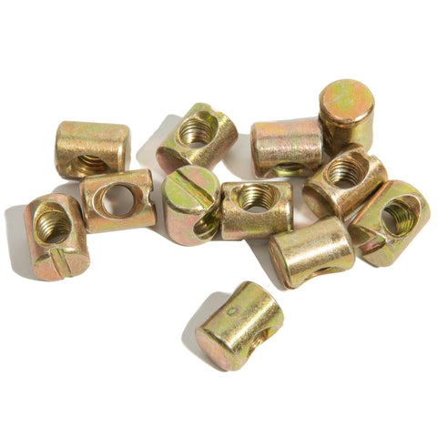 Close-up of barrel nuts from All In One Crib Hardware Replacement Kit with 25 M6x40mm 50mm 60mm 70mm 80mm Socket Cap Screws.