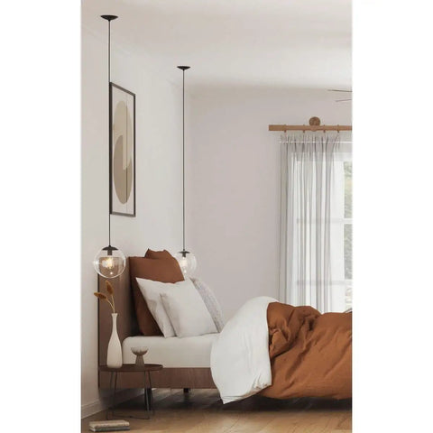 One Light Clear Glass Globe Pendant Light In Matte Black Modern Pendant Fixture For Bedroom With Clean Lines
