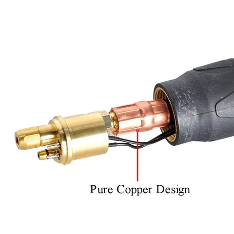 Close-up of MB 15AK MIG Welding Torch Gun Pro Grade With 5 Meter Cable For MIG MAG Welders showing pure copper design connector.
