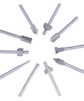 10 Piece HSS Pro Grade Router Bits Set With Titanium Coating One Eighth Inch Shank Thirty Eight Millimeter Length arranged in a circle