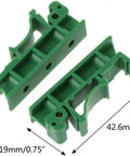 Green DIN Rail PCB Mounting Bracket Carrier Clip For C45 Boards 35mm By 15mm Panel, dimensions 42.6x19mm, side view.