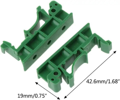 Green DIN Rail PCB Mounting Bracket Carrier Clip For C45 Boards 35mm By 15mm Panel, dimensions 42.6x19mm, side view.