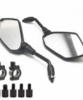 Premium 2 Pack Motorcycle Rearview Mirrors With Wide Angle HD Glass And Anti Shatter Coating For Safe Street Biking Cruiser Scooter Or E bike Riding Experience Featuring Adjustable Foldable Design, black