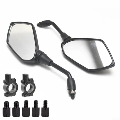 Premium 2 Pack Motorcycle Rearview Mirrors With Wide Angle HD Glass And Anti Shatter Coating For Safe Street Biking Cruiser Scooter Or E bike Riding Experience Featuring Adjustable Foldable Design, black