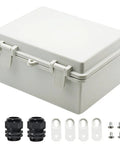 Outdoor IP65 Waterproof Heavy Duty Junction Box ABS Plastic Built Tough With Hinged Lid Dustproof Weatherproof Electrical Enclosure Universal Project Box 8.7 by 6.7 by 4.3 Inches Gray with accessories