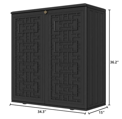 Front view of All Weather 62 Gallon Resin Deck Box for Outdoors, Waterproof Storage Cabinet for Patio Cushions, Black with One Shelf