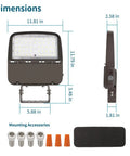 2 Pack 150W LED Parking Lot Light With Dusk To Dawn Photocell, front and side view with dimensions and mounting accessories