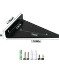 Heavy Duty Black Metal Floating Shelf Brackets Rock Solid Triangle Design Wall Mounted Corner Hardware showing dimensions and accessories