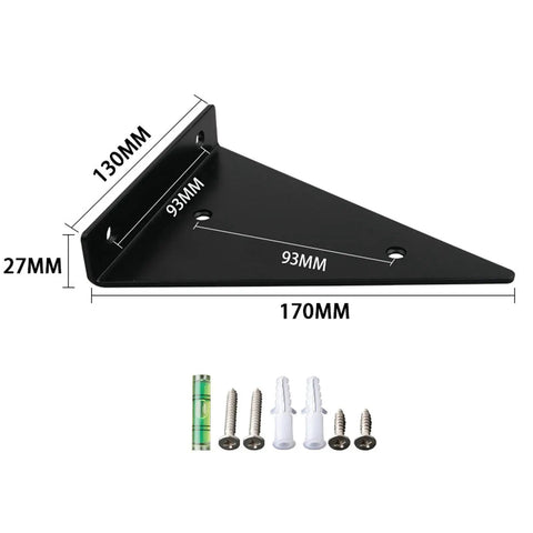 Heavy Duty Black Metal Floating Shelf Brackets Rock Solid Triangle Design Wall Mounted Corner Hardware showing dimensions and accessories