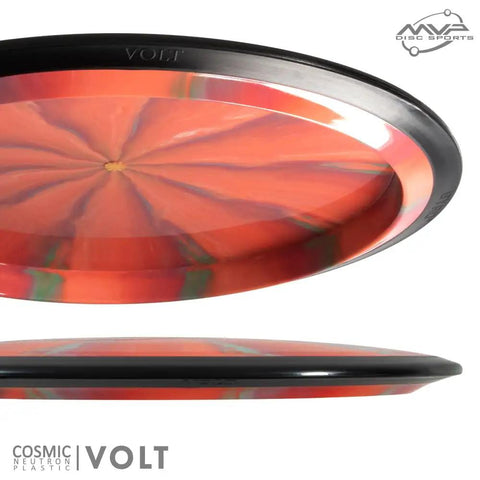 Cosmic Neutron Volt Disc Golf Fairway Driver For Long Bombs And Laser Straight Throws With A Subtle Turn And Reliable Fade 165 To 170 Grams Colors May Vary, red and black disc shown top and side views