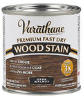 Slick Dark Walnut Quick Drying Wood Stain In Half Pint Bottles For Heavy Duty Hardwood Refinishing Big Time Coverage And Easy Brush Setup For Real World Diy Makeovers in a clear can with label.