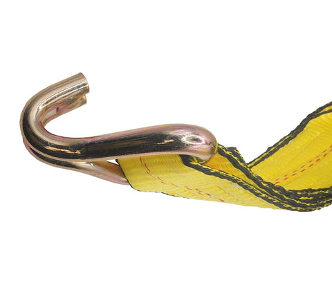 Premium Ratchet Tie Down Strap With Aluminum Handle And Double J Hook, 2 Inch By 30 Foot, close-up of J hook with Edge Guard