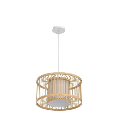 Boho Rattan Pendant Light 15.8 Inch Coastal Drum Hanging Fixture with natural wicker shades, E26 base, overhead view.