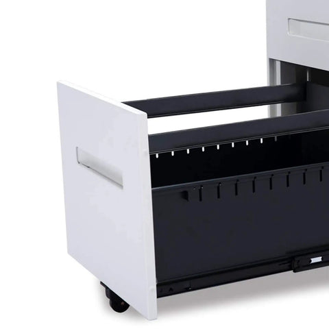 Open drawer view of sturdy metal three drawer rolling file cabinet with lock for office and home A4 file organizer and desk storage anti tip design