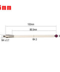 Side view of two-pack CMM touch probe stylus with 6mm ceramic ball tip, M4 threaded handle, 100mm length