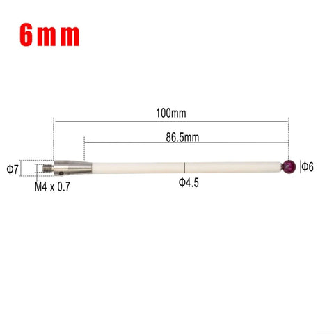 Side view of two-pack CMM touch probe stylus with 6mm ceramic ball tip, M4 threaded handle, 100mm length