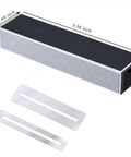 Guitar Luthier Tool Kit Pro Grade with fret leveling beam and fingerboard guards, dimensions labeled, silver color