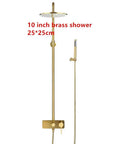 Top Shelf 10 Inch Wall Mounted Rain Shower System With Brushed Gold Drip Solid Brass Multifunction Faucet Set Including Handheld Sprayer And Tub Spout For Smooth Bathroom Flex, 10 inch brass shower with handheld sprayer.