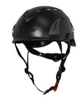 Black climbing helmet with adjustable chin strap and ventilation holes, side view