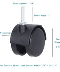 2 Inch Swivel Stem Caster Wheels for Furniture and Shelving, 1/4-20 Thread, 1 Inch Stem, Durable PP Plastic Castors, Black Finish