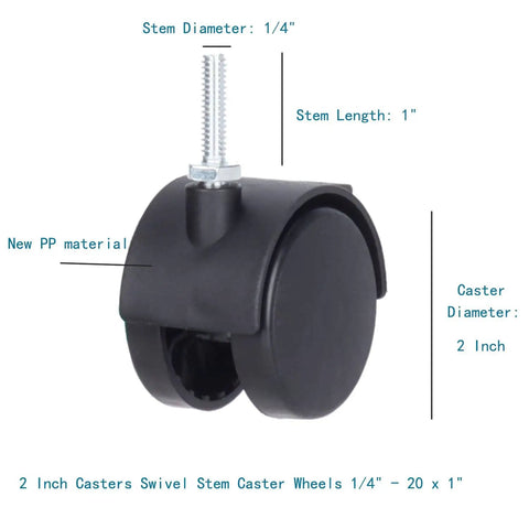 2 Inch Swivel Stem Caster Wheels for Furniture and Shelving, 1/4-20 Thread, 1 Inch Stem, Durable PP Plastic Castors, Black Finish