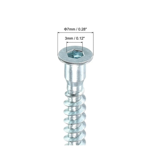 7x70mm Confirmat Screws For Furniture Hex Socket Self Tapping Zinc Plated Countersunk Wood Screws showing hex drive size details