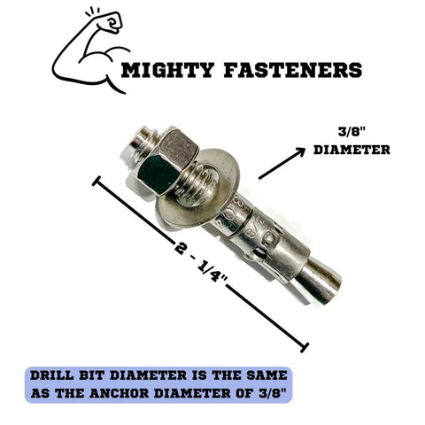 Heavy Duty Wedge Anchors Set In 304 Stainless Steel For Concrete And Masonry Three Eighths By Two And A Quarter Inches Rust Resistant Durable 5 Pack For Long Lasting Performance And Versatility with dimensions shown.