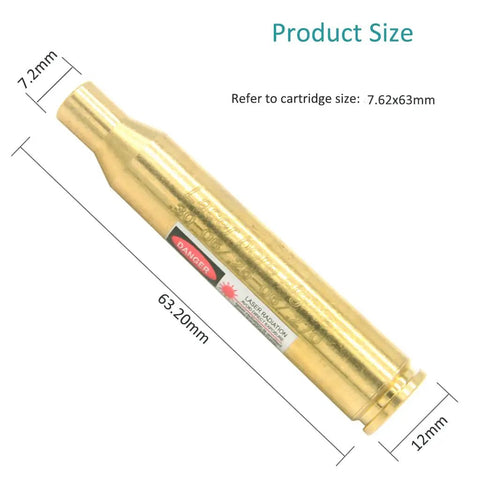 Laser Bore Sight Cartridge For 30 06 25 06 And 270 Caliber Rifles With Red Dot Alignment, brass showing dimensions.