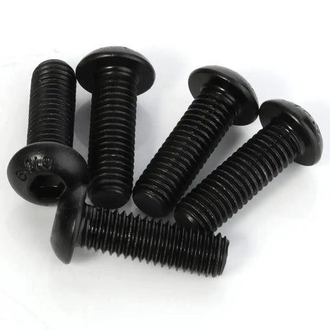 Badass M5 By 8mm Button Head Hex Socket Cap Screws 10.9 Grade Alloy Steel Black Oxide Finish 100 Pack display, showing five screws.