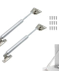 Heavy Duty 2 Pack 6 Inch Drop Down Gas Struts For Flip Down Doors with screws and cabinet support demonstration.