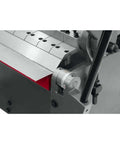 Close-up of 72-Inch Box And Pan Brake For 12-Gauge Mild Steel with precision line bored bed and apron, showing soft grip handles.