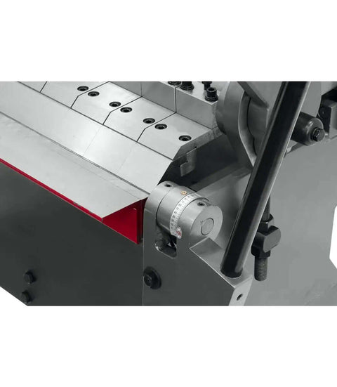 Close-up of 72-Inch Box And Pan Brake For 12-Gauge Mild Steel with precision line bored bed and apron, showing soft grip handles.